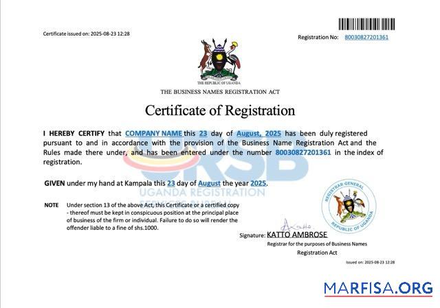 Blank Uganda business names registration certificate Word and PDF template